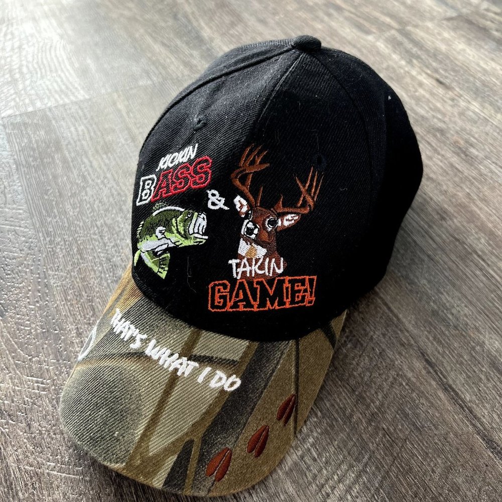 Kickin Bass & Takin Game! Black Camo Baseball Cap Hat Adjustable Back